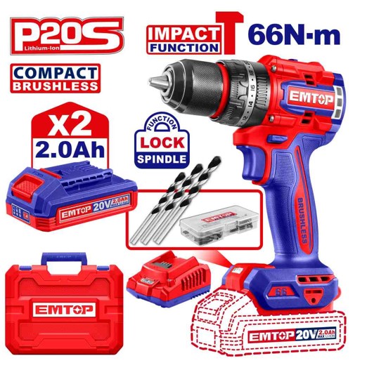 Compact Brushless 20V Cordless Impact Drill 66Nm 30000bpm 0-500/0-2000rpm 13mm Metal Chuck 22+1+1 Torque with 2x2.0Ah Batteries Charger 47pcs Accessories